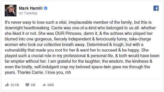 Mark Hamill writes tribute to Carrie Fisher on Facebook