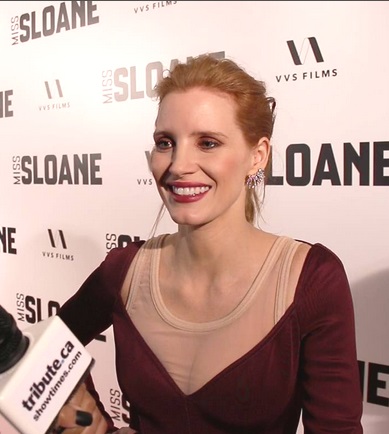 Jessica Chastain at the Miss Sloane red carpet premiere