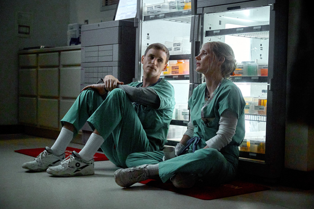 Eddie Redmayne as Charlie Cullen and Jessica Chastain as Amy Loughren in The Good Nurse. Credit: JoJo Whilden/Netflix