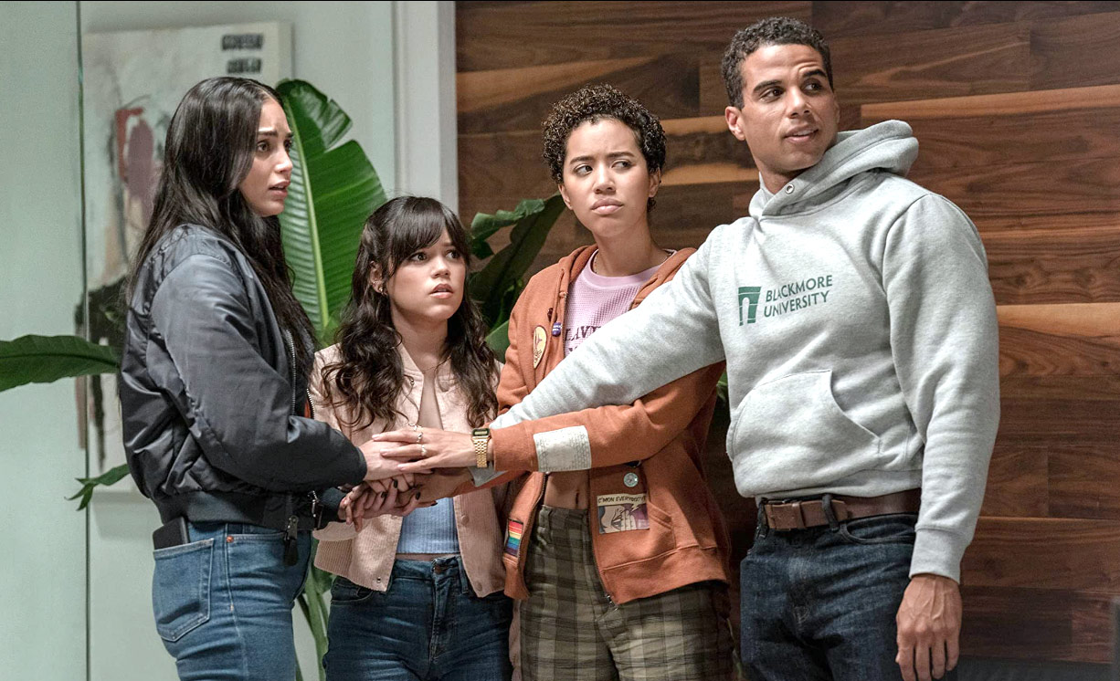 Melissa Barrera, Jenna Ortega, Jasmin Savoy Brown, and Mason Gooding. Photo by Philippe Bossé/2022 Paramount Pictures